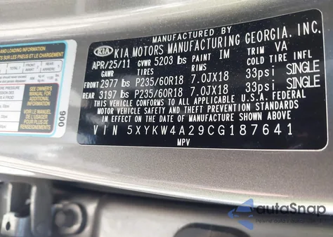 2012 Kia Sorento Sx V6 z USA, uszkodzony, nr VIN 5XYKW4A29CG187641